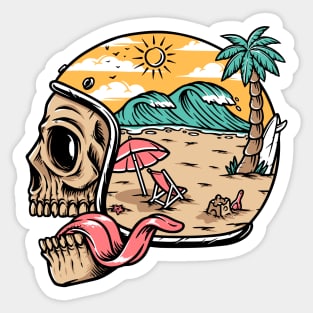 skull wearing helmet and beach scene Sticker